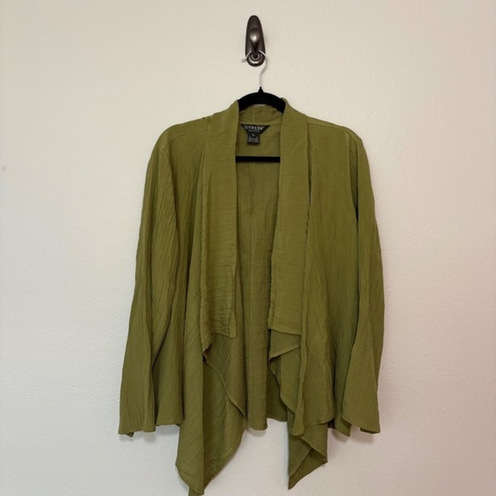 Citron Santa Monica Silk Cotton Crinkle Open Front Jacket Green XL Lagenlook Art